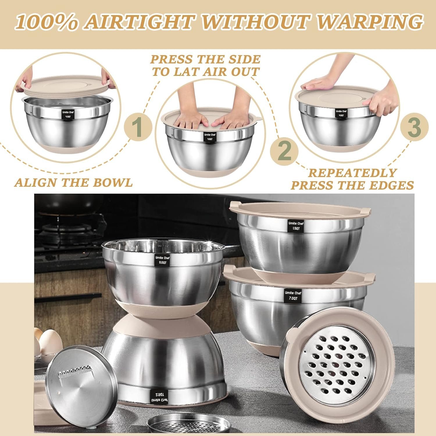mixing bowls with airtight lids set, 26pcs stainless steel khaki bowls with grater attachments, non slip bottoms & kitchen gadgets set, size 7, 4, 2.5, 2.0,1.5, 1qt, great for mixing & serving mixing bowls with airtight lids set, 26pcs stainless steel khaki bowls with grater attachments, non slip bottoms & kitchen gadgets set, size 7, 4, 2.5, 2.0,1.5, 1qt, great for mixing & serving