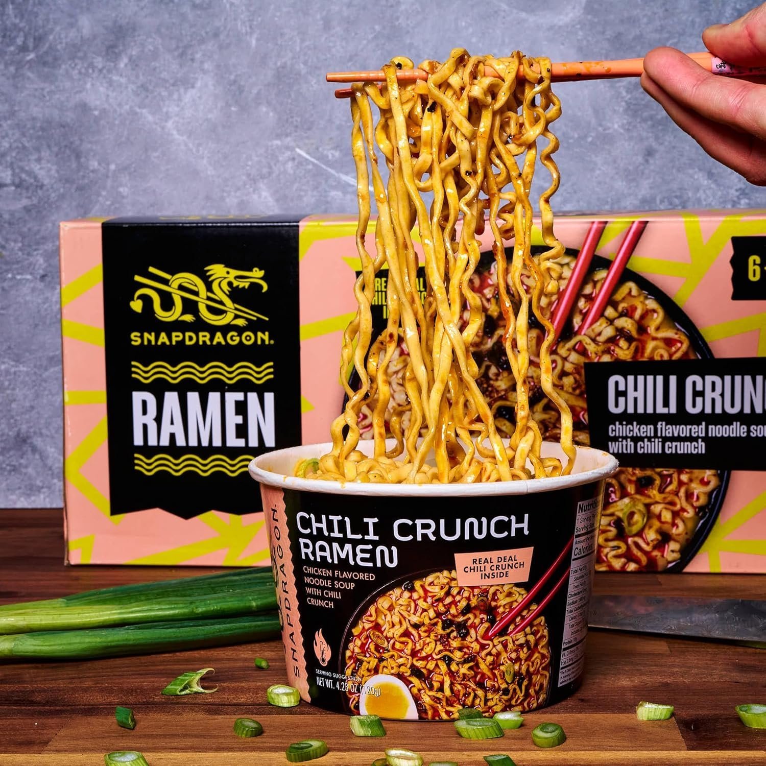 snapdragon chili crunch ramen cup noodles 6 pack instant ramen bowl with authentic wheat noodles, soup sauce base, vege pack and chili crunch oil. microwave or hot water, easy meal prep (4.23oz x 6) snapdragon chili crunch ramen cup noodles 6 pack instant ramen bowl with authentic wheat noodles, soup sauce base, vege pack and chili crunch oil. microwave or hot water, easy meal prep (4.23oz x 6)