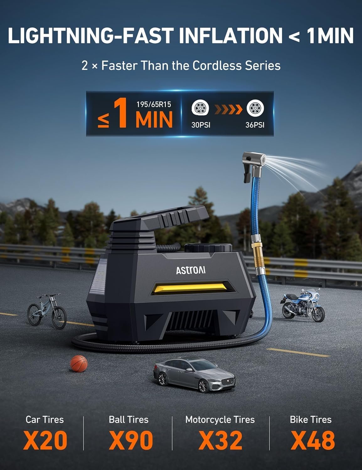 astroai tire inflator portable air compressor air pump for car tires car accessories, 9.8ft cord 12v dc powered auto pump with digital pressure gauge, emergency led light for bicycle, balloons, yellow astroai tire inflator portable air compressor air pump for car tires car accessories, 9.8ft cord 12v dc powered auto pump with digital pressure gauge, emergency led light for bicycle, balloons, yellow